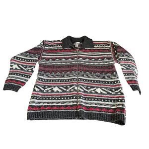 BASH Full Zip Knit Sweater Jacket L Nordic Fair Isle Pattern Gray Red Wool Blend